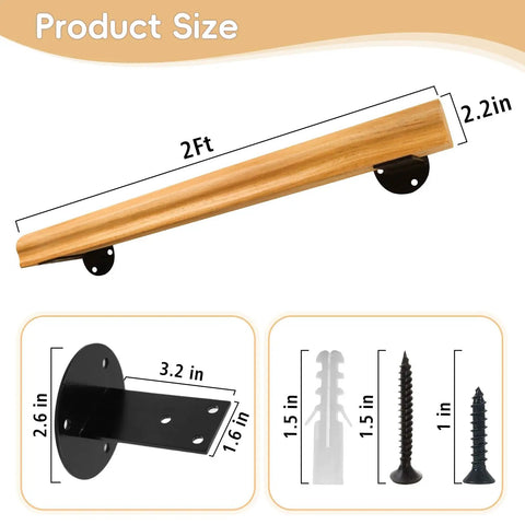Wall Mounted Indoor Stair Railing Solid Pine Wood Handrail Heavy Duty Grab Bar With Non Slip Grip Built Tough To Handle Daily Use Supports Three Hundred Pounds showing dimensions and installation hardware.