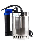 Heavy Duty Stainless Steel Submersible Drainage Pump For Hella Reliable Sewage Transfer And Compact Pool Basement Tank Water Management Tough As Nails Utility Pumper Designed To Get Any Job Done Right, side angle view.
