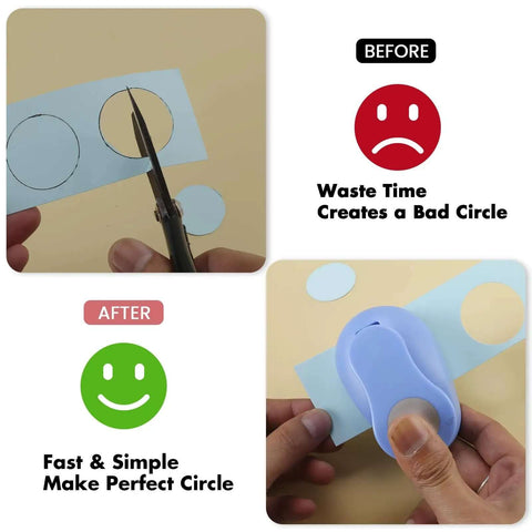 Comparison of manual cutting and 5/8 Inch Circle Punch For Scrapbooking And Card Making, showcasing precise cuts and ease of use.
