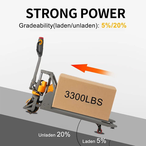 Apollo Lift Full Electric Lithium Pallet Jack, 3300 Lbs Capacity, 48V Brushless Motor with loaded carton for smooth driving.