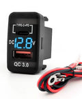 Blue Dual Port PD And QC 3.0 Fast Car Charger With Bright LED Voltmeter showing voltage display and wiring harness for easy connection.