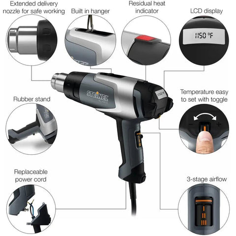 HL 2020 E Pro Grade Heat Gun With LCD Display 1600 W Hot Air Tool, detailed features and highlights for welding and tinting.