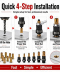Rivet Nut Tool Kit M3 To M12, Heavy Duty Set With Carbon Steel Construction, Includes M3 To M12 Threaded Inserts For Strong, Ready To Use Holes, Ideal For Metal Fabrication, Repairs, And Assembly Projects. 4-step installation guide with drill, mandrel, rivet nut, and finished threaded hole.