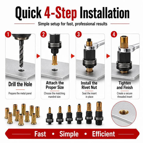 Rivet Nut Tool Kit M3 To M12, Heavy Duty Set With Carbon Steel Construction, Includes M3 To M12 Threaded Inserts For Strong, Ready To Use Holes, Ideal For Metal Fabrication, Repairs, And Assembly Projects. 4-step installation guide with drill, mandrel, rivet nut, and finished threaded hole.
