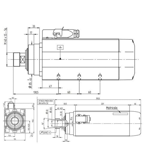 Top Shelf 6KW Air Cooled Spindle Motor 18000RPM ER32 300Hz 380V CNC Router Motor blueprint and dimensions for woodworking.