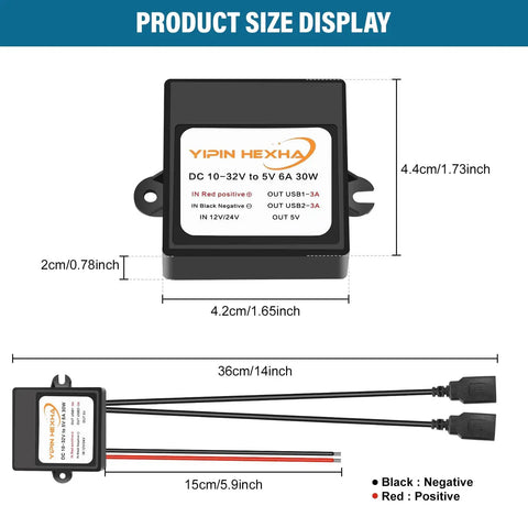 Dual USB 5V Buck Converter From 12V 24V To 5V 6A 30W Step Down Power Module with wire measurements shown.