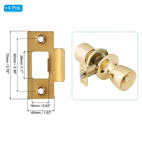 Stainless Steel Door Strike Plates With T Cam Block Deadbolt Latch Reinforcement For Exterior Doors Rock Solid Security Plates Gold Finish Pack Of 4 Fits Most Standard Doors For Home Or Office Security, gold finish, measurements shown.