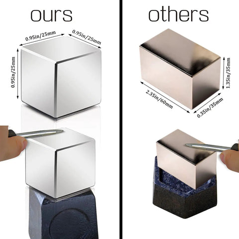 Heavy Duty Neodymium Magnets With Dang Strong Grip And Boss Level Rare Earth Discs side by side comparison, 25mm cube on left.