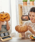 Mother and child with pumpkins using Ultimate 38 Piece Precision Craft Hobby Knife Set With Wooden Chest Razor Sharp Blades for carving.