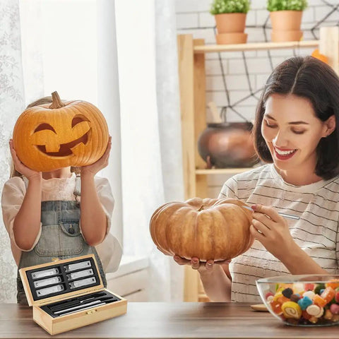 Mother and child with pumpkins using Ultimate 38 Piece Precision Craft Hobby Knife Set With Wooden Chest Razor Sharp Blades for carving.