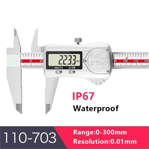 Digital Caliper 0.01mm, IP67, Stainless Steel, Diameter Depth showing measurement of 22.33mm on display.
