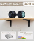 Beefed-Up Heavy Duty 16x9.5 Inch L Shelf Brackets Set of 4 with dumbbell on shelf showing 300 lb capacity, rust-free alloy.