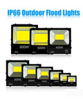 Multiple JUDYSSY Led Flood Light Outdoor Waterproof Lighting sizes ranging from 30W to 600W with IP66 rating for durable outdoor use.