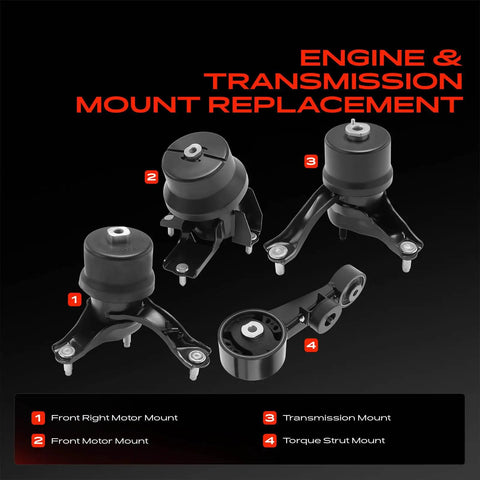 Street Ready Engine And Transmission Mount Plus Torque Strut Assembly Fits Toyota Avalon And Lexus ES350 V6 3 5L showing four mount pieces.