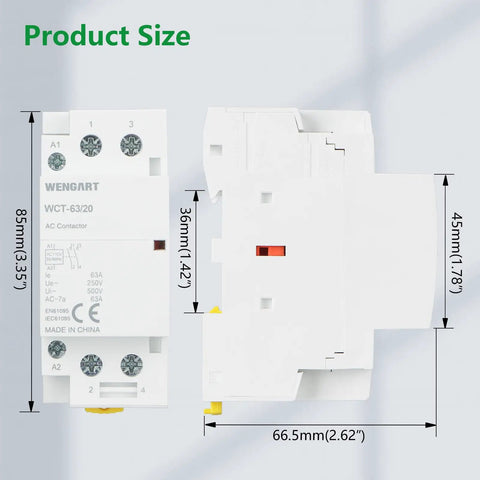 Built Like A Tank 63A AC Contactor With 2 Pole 2NO Layout And 120V Coil DIN Rail Mount Magnetic Switch showing product dimensions.