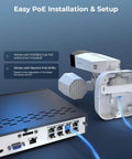 Slick 4K PoE Outdoor Security Camera Duo With Tough Built In Led Floodlight showcases easy PoE installation with cables connected.