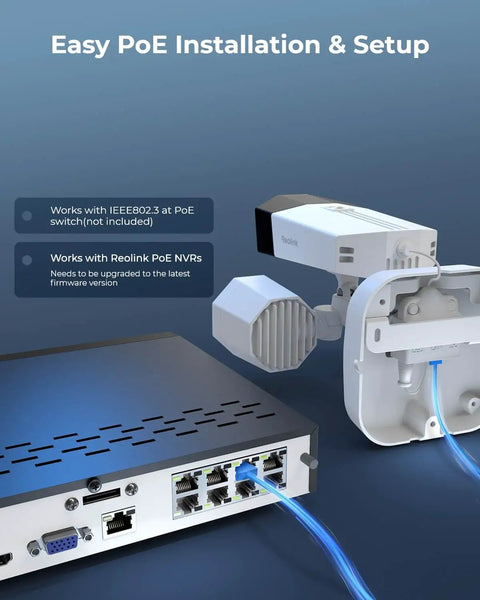 Slick 4K PoE Outdoor Security Camera Duo With Tough Built In Led Floodlight showcases easy PoE installation with cables connected.