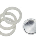 Bialetti spare parts: three white gaskets and one metal perforated filter plate for moka pots (3/4 cup)