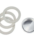 Moka Express Spare Parts Kit with 3 gaskets and 1 filter plate for 6-cup moka pots, 72mm, shown in silver, easy installation.