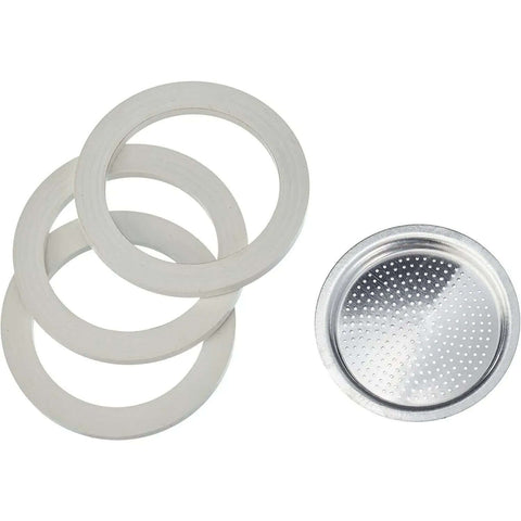 Moka Express Spare Parts Kit with 3 gaskets and 1 filter plate for 6-cup moka pots, 72mm, shown in silver, easy installation.