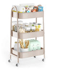 Three Tier Rolling Utility Cart With Lockable Wheels And Handy Metal Handle, Metal Storage Organizer On Wheels With Mesh Baskets For Kitchen, Living Room, Office Or Garage Beige Finish