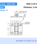 Heavy Duty Adjustable Damping Cabinet Butt Hinge With 180 Degree Free Positioning And Rock Solid Aluminum Build For Smooth Door Closure On Wood Furniture Projects, dimensions W60 x L59 mm, 3.5mm thickness.