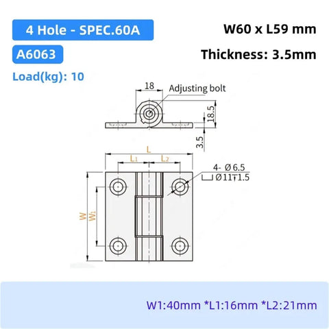 Heavy Duty Adjustable Damping Cabinet Butt Hinge With 180 Degree Free Positioning And Rock Solid Aluminum Build For Smooth Door Closure On Wood Furniture Projects, dimensions W60 x L59 mm, 3.5mm thickness.