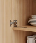 Heavy-Duty Stainless Steel L Bracket for Cabinet and Shelf Repair, 3.3 x 2.2 Inch Angle Brace supporting cabinet shelf with dishware