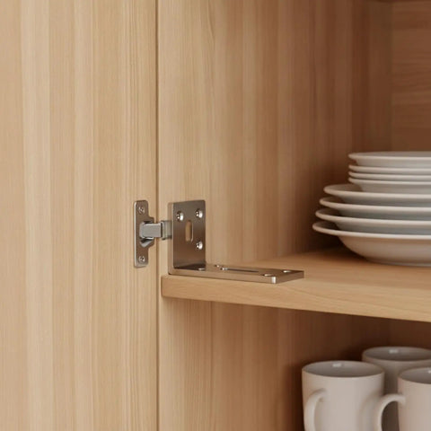 Heavy-Duty Stainless Steel L Bracket for Cabinet and Shelf Repair, 3.3 x 2.2 Inch Angle Brace supporting cabinet shelf with dishware
