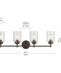 Four Light Vanity Light In Olde Bronze With Clear Seeded Glass For Above Bathroom Mirror, 30 Inch Wide, showing dimensions