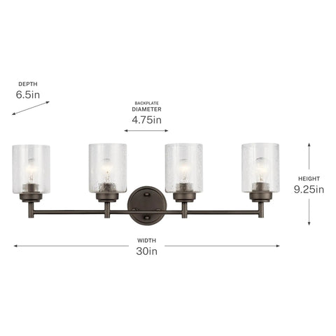 Four Light Vanity Light In Olde Bronze With Clear Seeded Glass For Above Bathroom Mirror, 30 Inch Wide, showing dimensions
