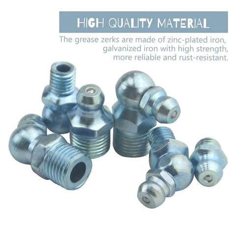 80 Piece Max Strength Grease Fitting Set with SAE zerk NPT threads, featuring zinc-plated iron fittings in various angles.