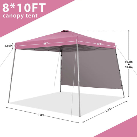 8x10 ft pink pop up canopy tent with slant leg frame and sidewall, vented panels for patio, deck, beach, waterproof UV protection