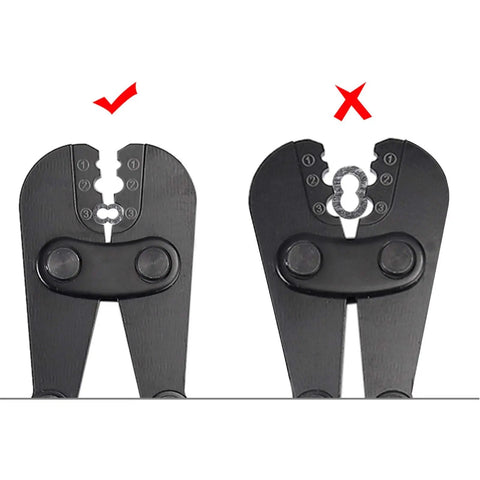 2 In 1 Wire Rope Crimping Tool And Cutter For DIY Rigging showing correct and incorrect crimping methods with check and cross marks.