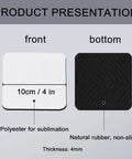 Front and bottom view of 100 Piece Sublimation Coaster Blanks Set 4x4 Inch Square Rubber Base Neoprene Coasters For Heat Press DIY Crafts.
