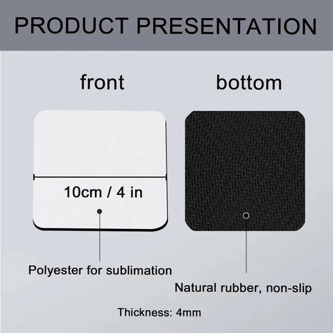 Front and bottom view of 100 Piece Sublimation Coaster Blanks Set 4x4 Inch Square Rubber Base Neoprene Coasters For Heat Press DIY Crafts.