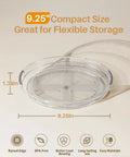 9.25-inch clear Lazy Susan showcasing dimensions and features; 2 Pack Nine Point Two Five Inch Lazy Susan Turntables For Cabinets And Countertops Grab And Go Rotating Spice Organizer And Kitchen Storage Pantry Fridge Organizer Tabletop Accessory In Clear Finish.