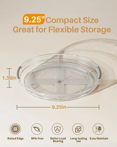 9.25-inch clear Lazy Susan showcasing dimensions and features; 2 Pack Nine Point Two Five Inch Lazy Susan Turntables For Cabinets And Countertops Grab And Go Rotating Spice Organizer And Kitchen Storage Pantry Fridge Organizer Tabletop Accessory In Clear Finish.