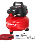 Oil Free 6 Gallon Pancake Air Compressor, 175 PSI Portable Little Powerhouse With 10 Piece Accessory Kit shown with accessories