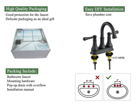 Matte Black Two Handle Centerset Bathroom Faucet With Three Hole Drain Assembly High Arc Four Inch Vanity Lavatory Tap