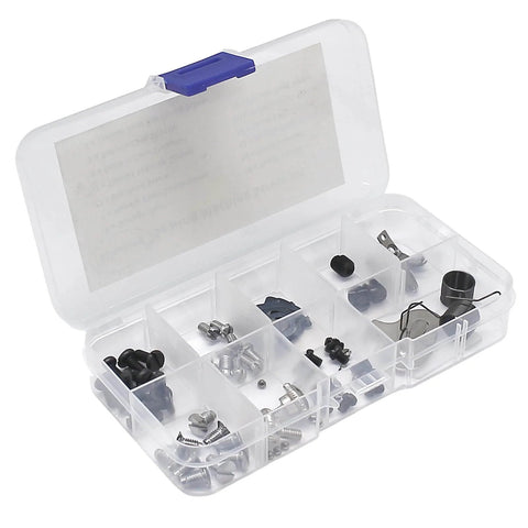 Industrial Sewing Machine Screw Kit With Metal Fasteners and Needle Plate Screws in a clear compartment box with various parts.