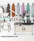 Heavy Duty Workhorse Automatic Pet Bottle Filling Machine For Two Ounce Energy Drinks And Shot Bottles, showing various bottle styles.