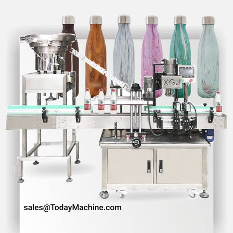Heavy Duty Workhorse Automatic Pet Bottle Filling Machine For Two Ounce Energy Drinks And Shot Bottles, showing various bottle styles.