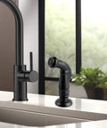 Heavy Duty Universal Kitchen Side Sprayer Head Replacement Nozzle Slick Oil Rubbed Bronze Premium Swivel Quick Swap Faucet Spray Gun positioned beside black kitchen faucet.