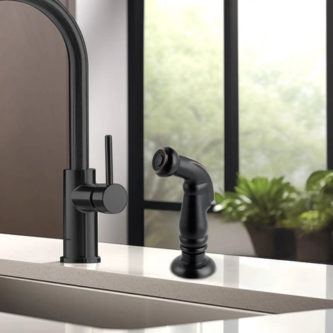 Heavy Duty Universal Kitchen Side Sprayer Head Replacement Nozzle Slick Oil Rubbed Bronze Premium Swivel Quick Swap Faucet Spray Gun positioned beside black kitchen faucet.