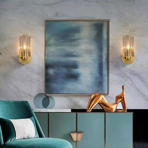 Super Sleek Modern Copper Brass Wall Sconce With Geometric Cylindrical Glass Shade For Bedroom Bedside And Living Room E14 Compatible Accent Lamp on a wall next to abstract art.