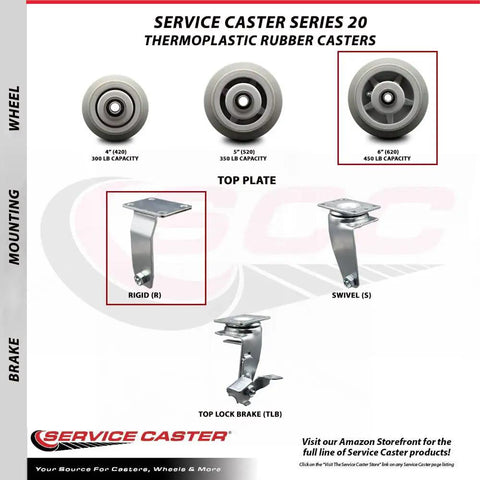 Display of Service Caster Series 20 thermoplastic rubber casters, including 6 inch non marking wheels with top lock brakes, two swivel with industrial grade use.