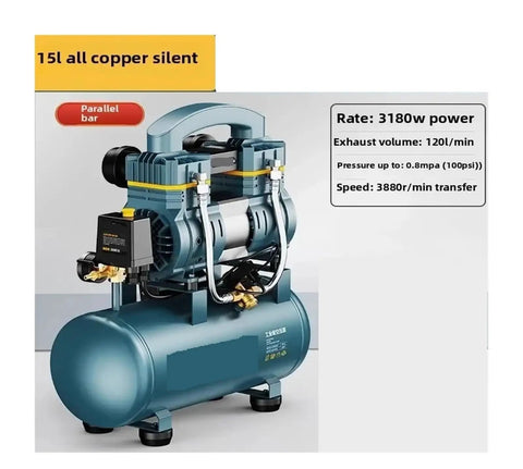 Heavy Duty Silent Air Compressor 220V Industrial Grade Oil Free Portable Unit With 15L Tank Ideal For Workshops And Garage Use Quiet Operation Reliable Performance And Compact Design Makes It A Solid Choice For Pros And DIY Enthusiasts Seeking Efficient