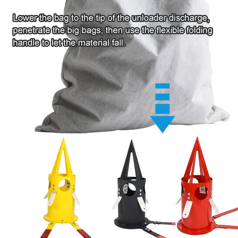 Beefy Big Bag Dispenser Unloader For Bulk Bags, Heavy Duty Feed Grain And Fertilizer, Rust Resistant Portable Unloader Tool For Farm, Warehouse And Home Use Red, shown with bulk bag and folding handles
