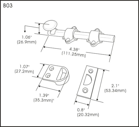 Heavy Duty Solid Brass Dutch Door Bolt, 4 Inch Satin Chrome Barrel Slide Latch With Mounting Hardware specifications diagram.